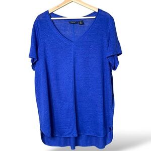 TAHARI 100% Linen Stretch Knit Short Sleeve Cobalt V-Neck Tee Hi-Lo Hem US Sz 1X